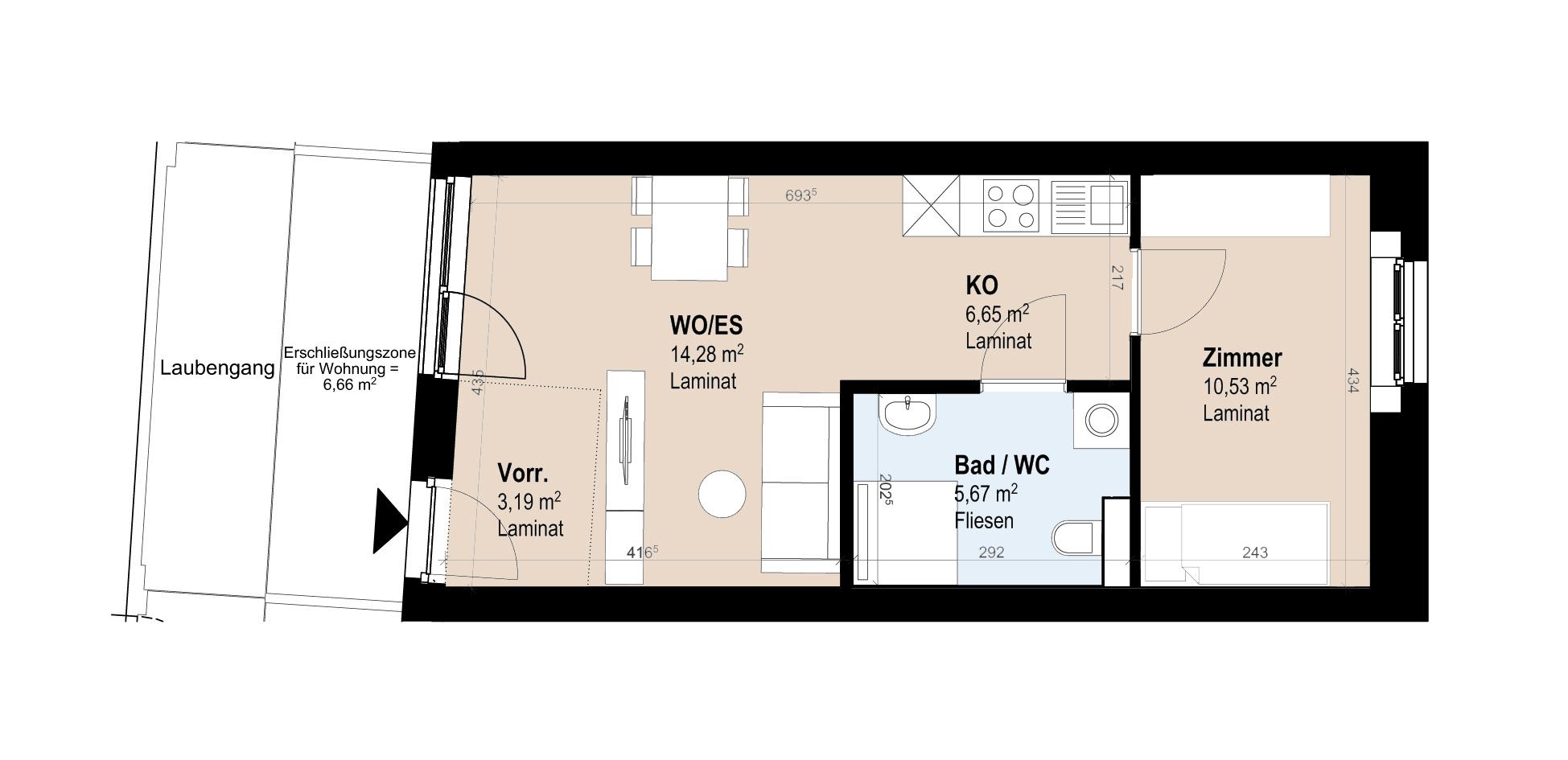 Moderne Neubauwohnung mit Wohnküche im 4. Stock