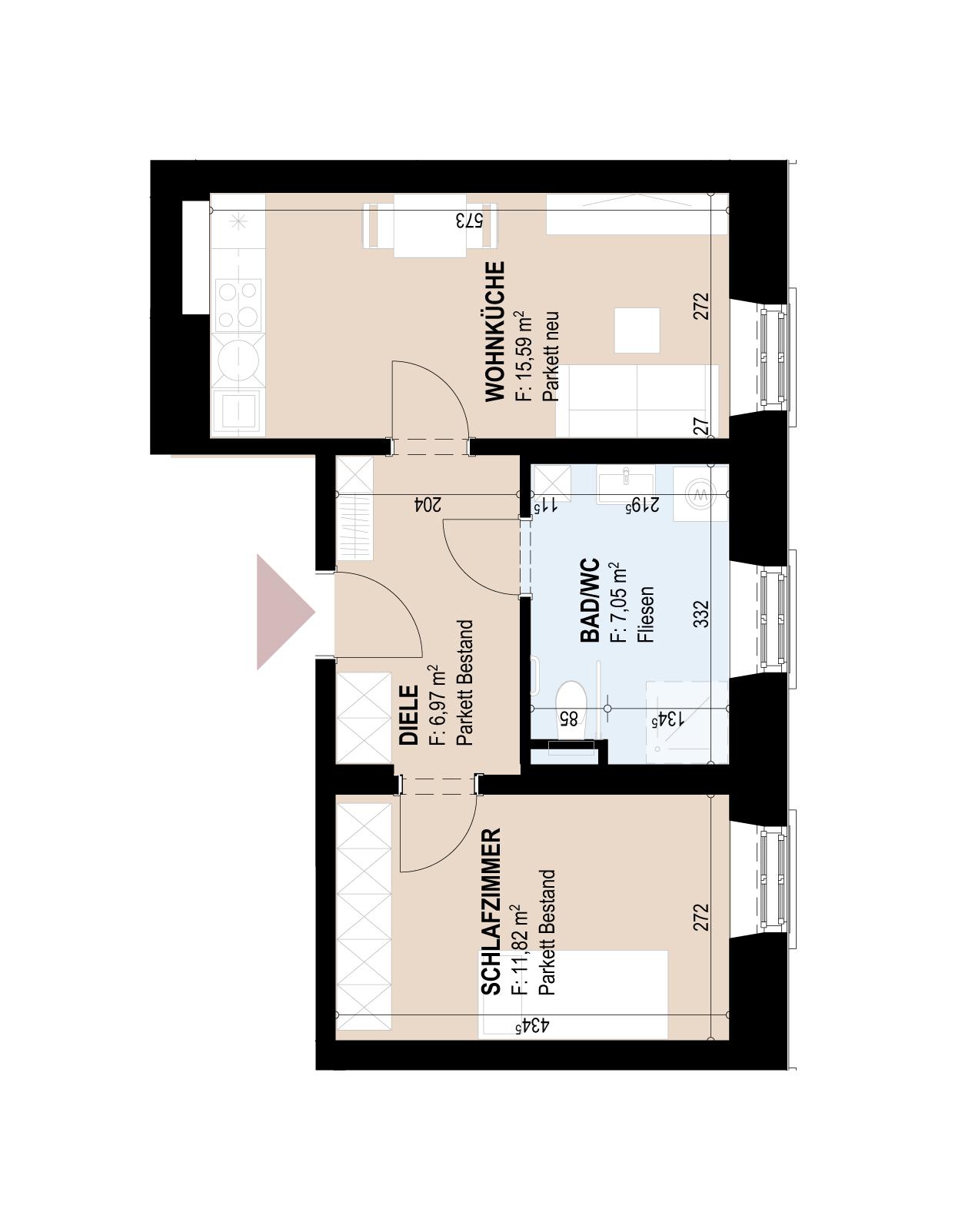 Gef&ouml;rderte Altbauwohnung im 1. Stock mit 2 Zimmern