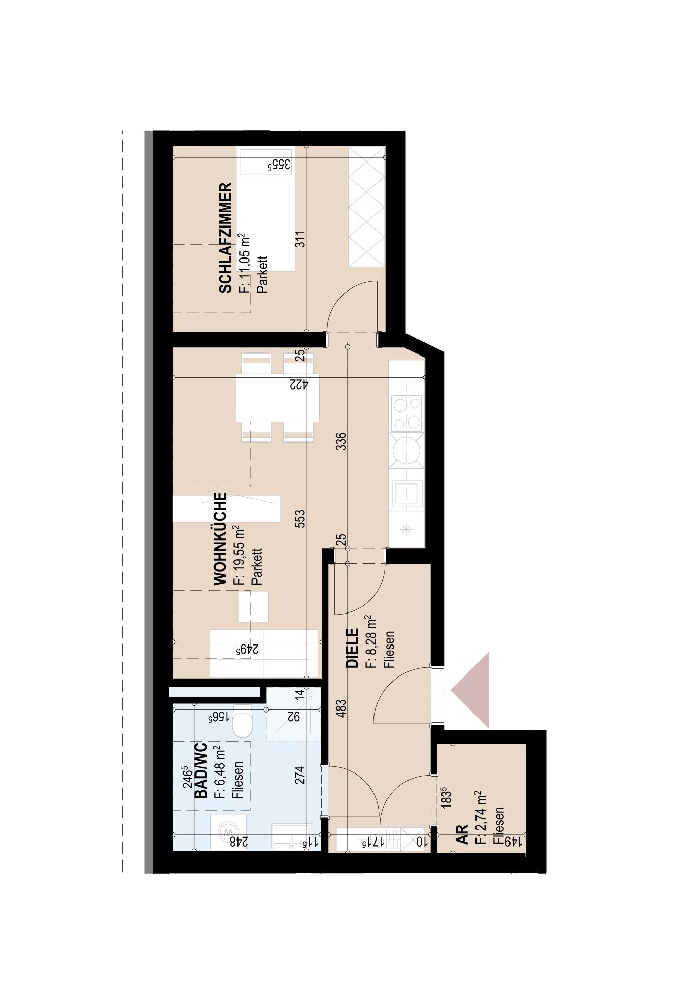 Geförderte Wohnung im 4. Stock mit 2 Zimmern