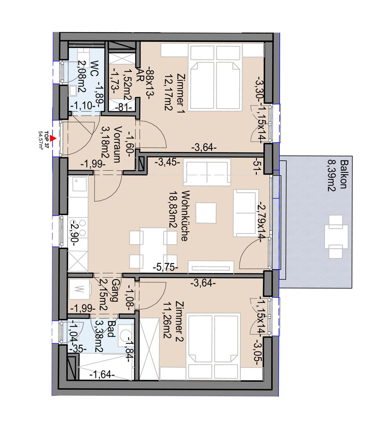 Geförderte Neubauwohnung mit Balkon, 54,57 m² im 2. Stock